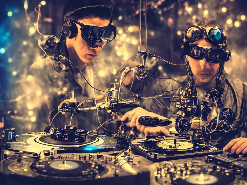 Image similar to a person wearing goggles and visor and headphones using a steampunk record player contraption, wires and tubes, turntablism dj scratching, intricate planetary gears, cinematic, imax, sharp focus, leds, bokeh, iridescent, black light, fog machine, hazy, lasers