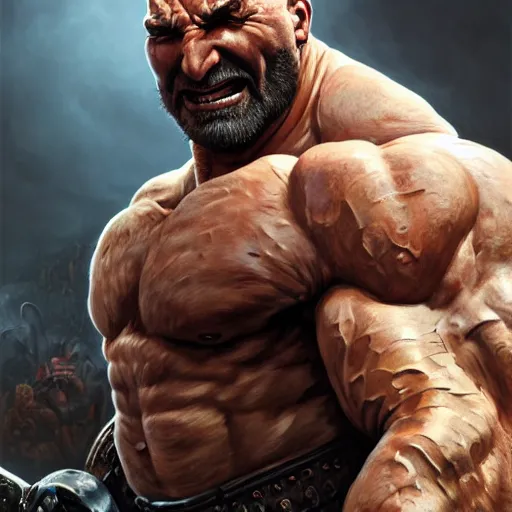 Image similar to ultra realistic illustration,, a hulking herculean dave bautista with leather armour, from doom and warhammer, intricate, elegant, highly detailed, digital painting, artstation, concept art, smooth, sharp focus, illustration, art by artgerm and greg rutkowski and alphonse mucha