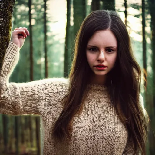 Prompt: real life photo of a beautiful girl, full body photoshoot, long brown hair, brown eyes, full round face, short smile, belly free sweater, forest setting, cinematic lightning, medium shot, mid - shot, highly detailed, trending on artstation, unreal engine 4 k, 8 0 mm, 8 5 mm, cinematic wallpaper