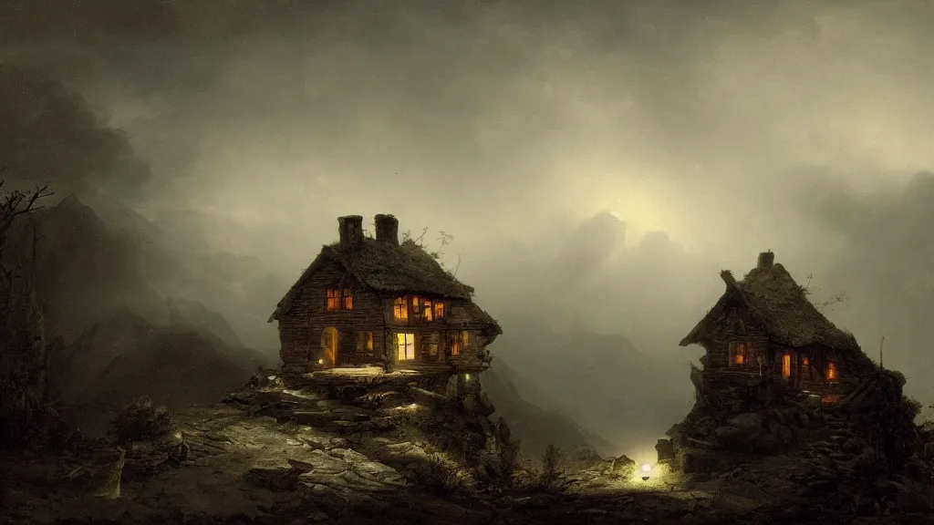 Prompt: A singular rotting cottage on a mountaintop at night, horror painting, by Hubert Robert, hyperrealistic, Blender 8k UHD