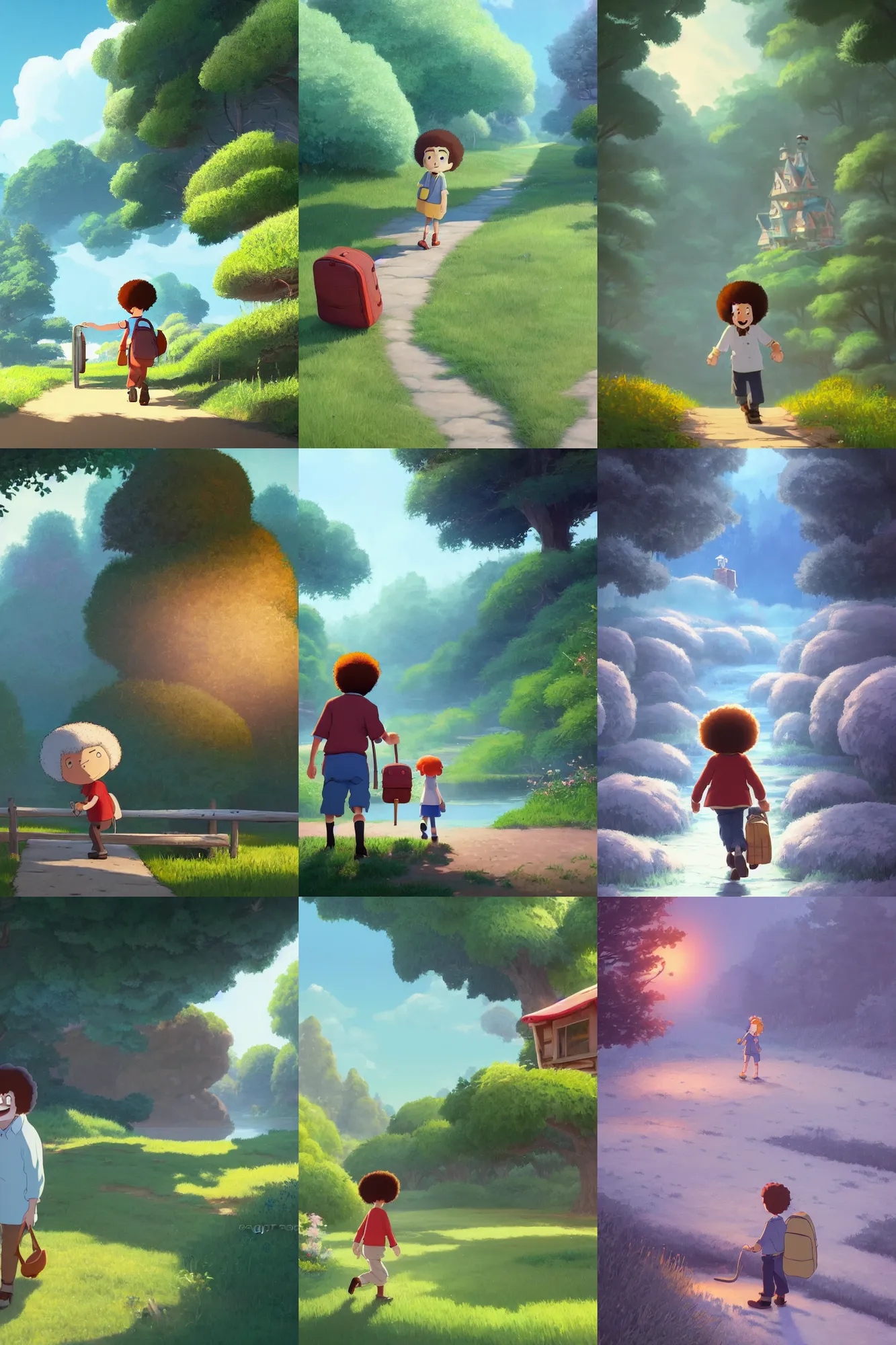 Prompt: a wholesome cottagecore illustration of a happy cartoon Bob Ross who is late for the bus and running after it, studio Ghibli, Pixar and Disney animation, sharp, Rendered in Redshift and Unreal Engine 5 by Greg Rutkowski, Bloom, dramatic lighting