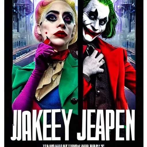 Image similar to joker movie poster, with lady gaga as harley quinn and joaquin phoenix as joker, at joker stairs