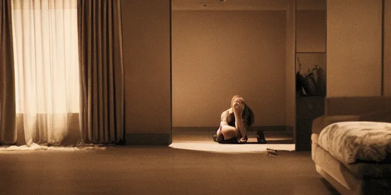 Image similar to photorealistic Cinematography of a woman crying on the floor at night in a mid century modern apartment shot on film at magic hour in a room filled with volumetric haze by the shining Cinematographer john alcott on a cooke panchro 18mm lens .