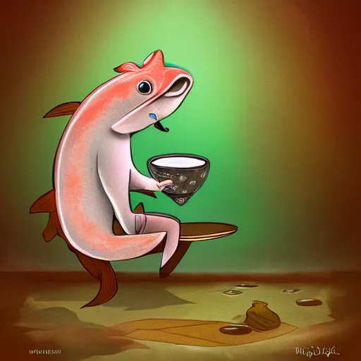 Prompt: a digital painting of a magical fish drinking a cup of tea