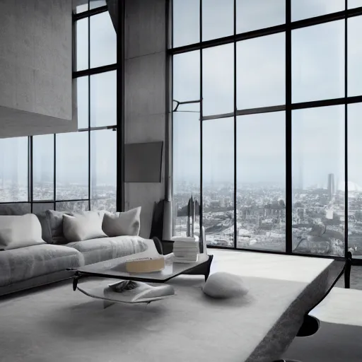 Image similar to brutalist penthouse open living room, big windows, showing city landscape on background, minimalist architecture, minimalist furniture, octane render, high quality, 8 k, post production