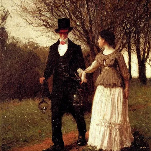 Prompt: young victorian man and woman traversing a dark maze, by alfred stevens