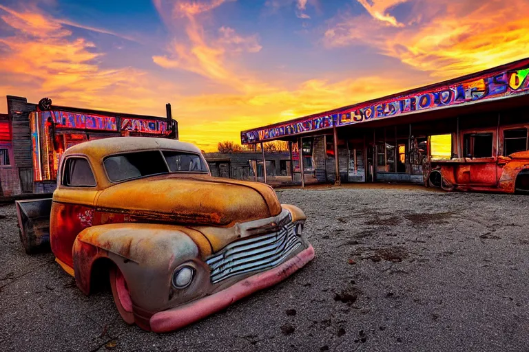 Image similar to a sunset light landscape with historical route 6 6, lots of sparkling details and sun ray ’ s, blinding backlight, smoke, volumetric lighting, colorful, octane, 3 5 mm, abandoned gas station, old rusty pickup - truck, beautiful epic colored reflections, very colorful heavenly, softlight