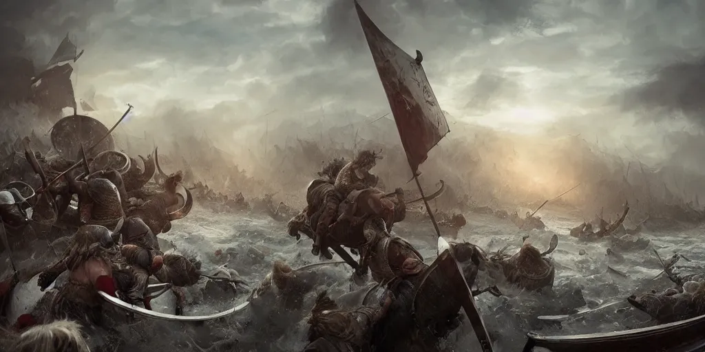 Image similar to an epic viking battle scene, by WLOP, realistic, detailed, epic scenery, blood