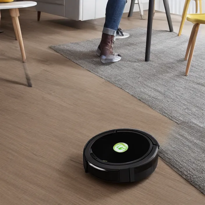 Prompt: A Roomba with a four stand legs with wheels just like a table, product advertising, professional advertising, studio quality product