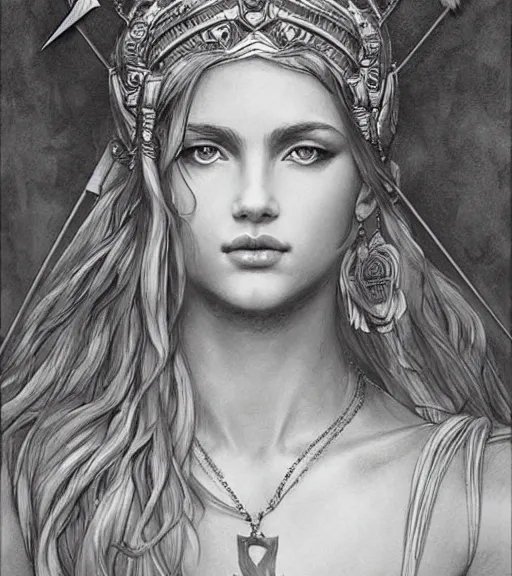 Image similar to beautiful aphrodite goddess wearing an arrow on her head, realistic face, beautiful eyes, black and white drawing, in the style of greg rutkowski, fantasy, amazing detail, epic, intricate, elegant, smooth, sharp focus