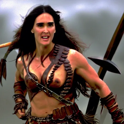 Image similar to jennifer connelly as a barbarian warrior, battle scene