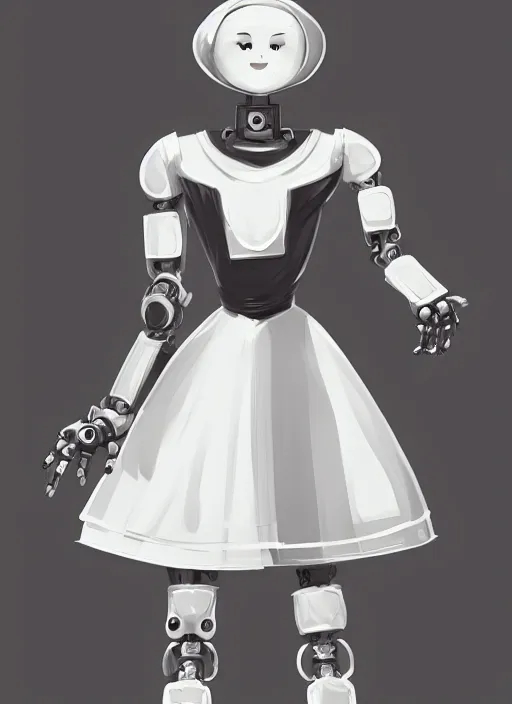 Prompt: a robot wearing a maid dress, smiling, full body shot, highly detailed, digital painting, artstation, concept art, smooth, sharp focus, illustration
