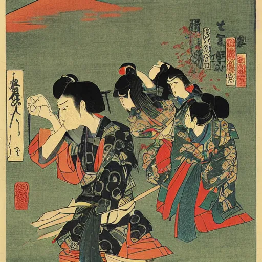 Image similar to Left 4 Dead 2 by Utagawa Kuniyoshi, woodblock print