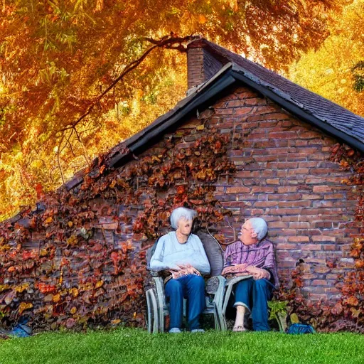Image similar to impossibly beautiful photo of a brick house, with overgrown vines and foliage, all turning colors in autumn, with elderly couple sitting out front, relaxing at Golden hour, 4k, super detailed textures, high dynamic range