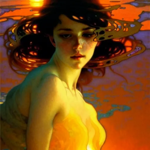 Image similar to sea of glossy liquid honey drops flowing like translucent amber, backlit, sunset, refracted lighting, art by collier, albert aublet, krenz cushart, artem demura, alphonse mucha