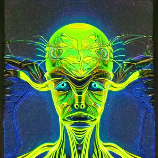 Prompt: ''fluorescent metallic third insectoid alien face fractal eyes flowing body pablo amaringo dmt ayahuasca entity vermeer''