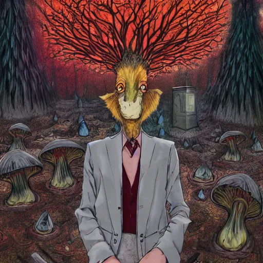 Image similar to a centered chest up portrait of a psychedelic demonic anthropomorphic forest animal in a suit smoking a hand - rolled cigarette smoking heavily, magic mushroom village in background. award winning. superb resolution. in the art style of junji ito and greg rutkowski. detailed mushroom city in background. hyper realistic anime. perfect art. dalle 2