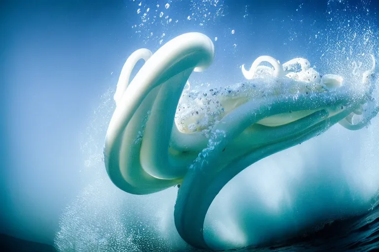 Prompt: underwater photography of a gigantic white octopus jumping a wave at nazare