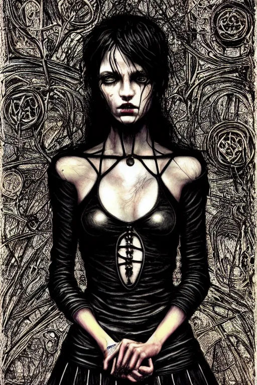 Image similar to dreamy gothic girl, black leather slim clothes, needles, beautiful body, detailed acrylic, grunge, intricate complexity, by dan mumford and by alberto giacometti, peter lindbergh