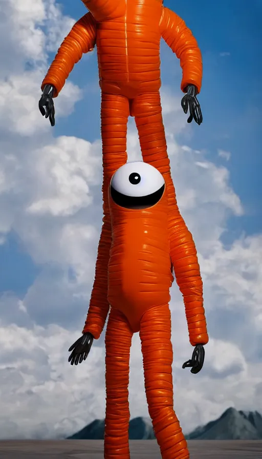 Prompt: still slender figurine of a tall giant inflated space man action figure wearing over sized orange puffy bomber jacket, long bendy arms and legs, googly eyes, tareme eyes, small head, personification, dynamic pose, detailed product photo, tone mapped, beautiful composition, 8 5 mm, f 5. 8, soft lighting