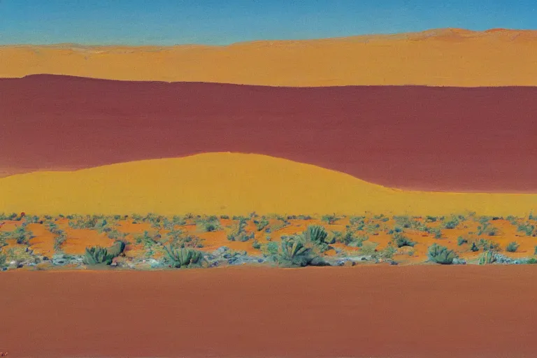 Prompt: a desert landscape by Wayne Thiebaud of desserts, cakes, layer cakes, cupcake, pies, in the desert landscape,