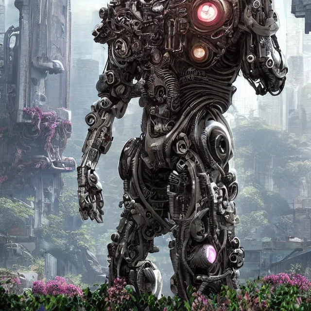 Prompt: ultrarealistic, cyborg, cyberpunk, gears, steam, future, iamrobot movie, masculine figure, beautiful, soft skin, harsh metal, overgrown forest, rubble, vines, flowers, plant life, jungle, aztec temple, decay, ruins, floating rocks connected by huge vines, sandstone buildings, pink flowers, giant reflective black cube alien ship in the sky