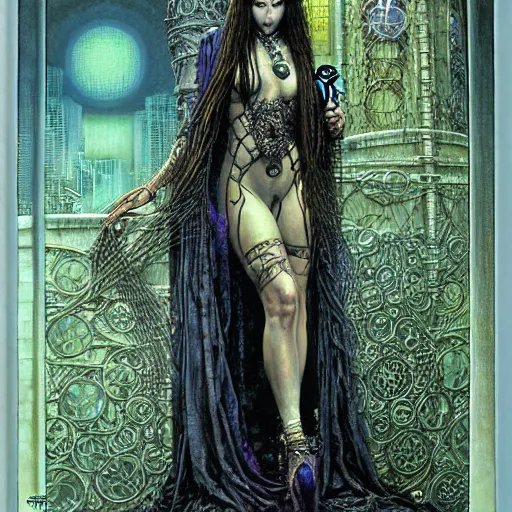 Prompt: a portrait of a female art nouveau cyberpunk shaman by ted nasmith and luis royo