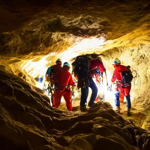 Image similar to photo of spelunkers in caving gear exploring a narrow beautiful cave full of gleaming geodes, crystals, and gemstones. professional journalistic photography from national geographic.