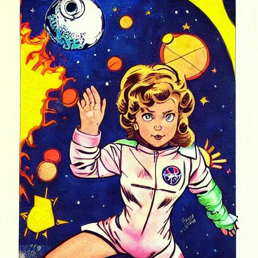 Image similar to a cute little girl with a mischievous face and short brown wavy curly hair. she is dressed as an astronaut. well composed, clean elegant painting, beautiful detailed face. comic book art by steve ditko and jack kirby and ( raymond swanland )