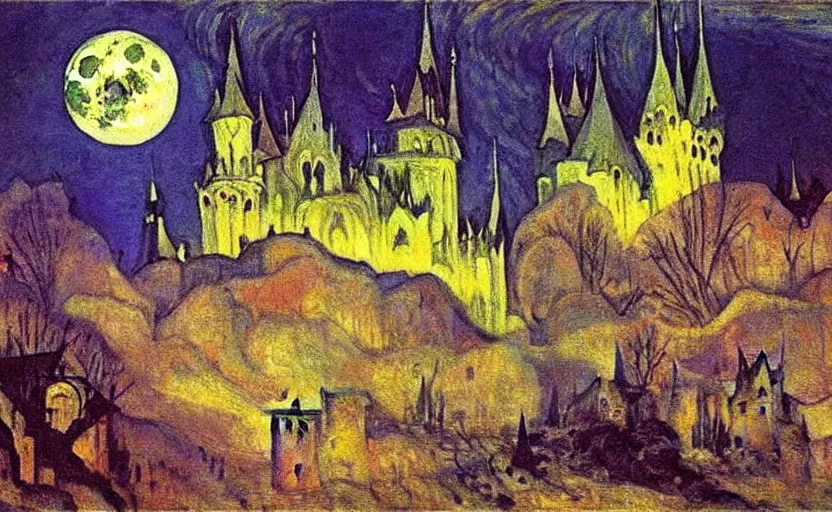 Image similar to oil painting by mikhail vrubel, full moon, french gothic burning! castle, bats flying away from castle, blur, bokeh,