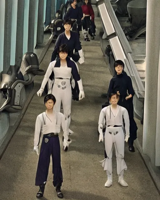 Image similar to remake of logan's run starring a cast of teenaged korean actors and actresses dressed in futuristic traditional korean clothes, futuristic, dome city, robots, monorails, sandman police, renewal