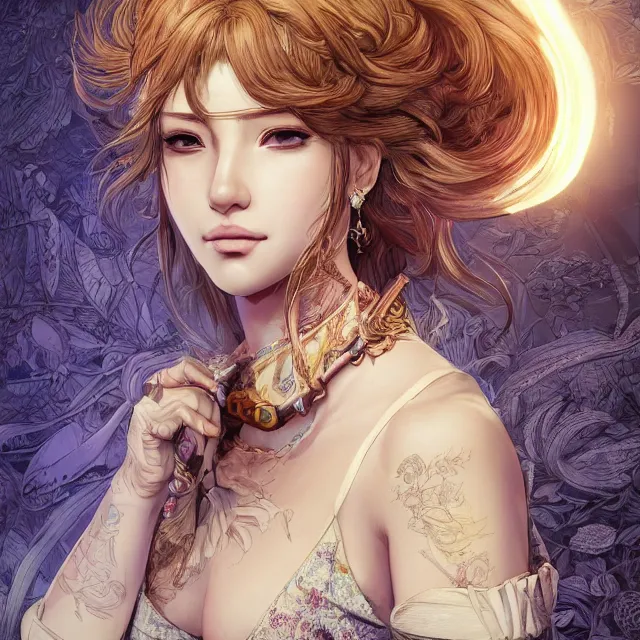 Image similar to the portrait of lawful neutral semi - colorful female hunter socialite as absurdly beautiful, gorgeous, elegant, young gravure idol, an ultrafine hyperdetailed illustration by kim jung gi, irakli nadar, intricate linework, bright colors, octopath traveler, final fantasy, unreal engine 5 highly rendered, global illumination, radiant light, detailed and intricate environment