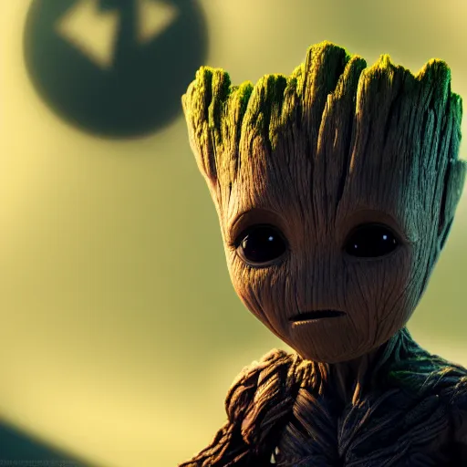 Image similar to Baby Groot is Batman, hyperdetailed, artstation, cgsociety, 8k