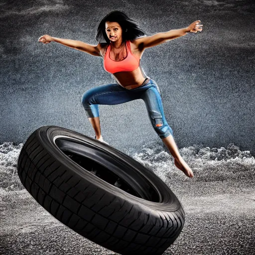 Image similar to car jumping, bodybuilder, woman, holding, photo, digital art, hands, underbody, throw, tire, standing, asphalt