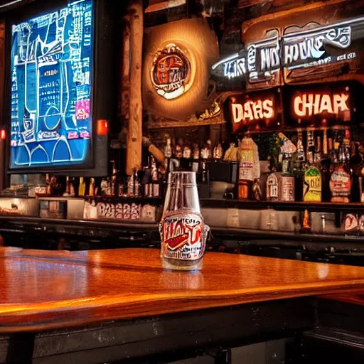 Image similar to a 3 d rendered movie still, 4 k, wide - angle medium - shot. at the bar, a tall frosty mug of root beer is on the bar, next to a small origami bird. a dart board on a wall in the background. it's happy hour, high - energy. imax, 7 0 mm dramatic lighting, digital art, photorealistic blade runner