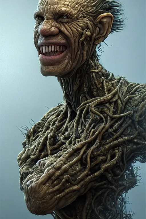 Prompt: beautiful portrait of the thing of the swamp smiling, intricate, dystopian, biopunk, extremely detailed, digital painting, sculpted in zbrush, artstation, concept art, smooth, sharp focus, illustration, chiaroscuro, soft lighting, golden ratio, rule of thirds, fibonacci, incredible art by Stanley Artgerm Lau and Greg Rutkowski, composition by mike mignola and Simon Stalenhag,