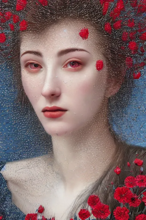 Prompt: hyperrealism close-up portrait of thousands crimson flowers merged with with medieval female, night, blue palette, pale skin, wearing silver silk, in style of classicism