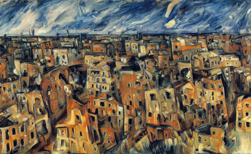 Prompt: a small dying suburban cityscape in style of Chaim Soutine and Frank Auerbach