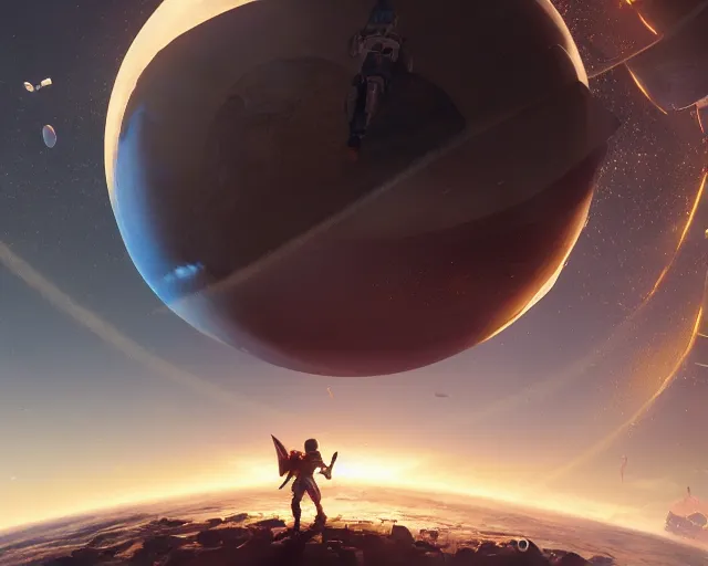 Prompt: the traveler in destiny 2 but it's a ping pong ball floating in the sky over a large city digital art 3 d 4 k wallpaper cover art destiny 2 fanart cinematic