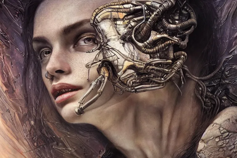 Prompt: beautiful woman, oil and alien on canvas, intricate, portrait, 8k highly professionally detailed, HDR, CGsociety, illustration painting by giger, detailed intricate ink illustration, heavenly atmosphere, detailed illustration, hd, 4k, digital art, overdetailed art, concept art, complementing colors, trending on artstation, Cgstudio, the most beautiful image ever created, dramatic, subtle details, illustration painting by alphonse mucha and frank frazetta daarken, vibrant colors, 8K, style by Wes Anderson, award winning artwork, high quality printing, fine art, gold elements, intricate, epic lighting, very very very very beautiful scenery, 8k resolution, digital painting, sharp focus, professional art, atmospheric environment, art by artgerm and greg rutkowski, by simon stålenhag, rendered by Beeple, by Makoto Shinkai, syd meade, 8k ultra hd, artstationHD, 3d render, hyper detailed, elegant, by craig mullins and marc simonetti, Ross Tran and WLOP, by Andrew Wyeth and Gerald Brom, John singer Sargent and James gurney