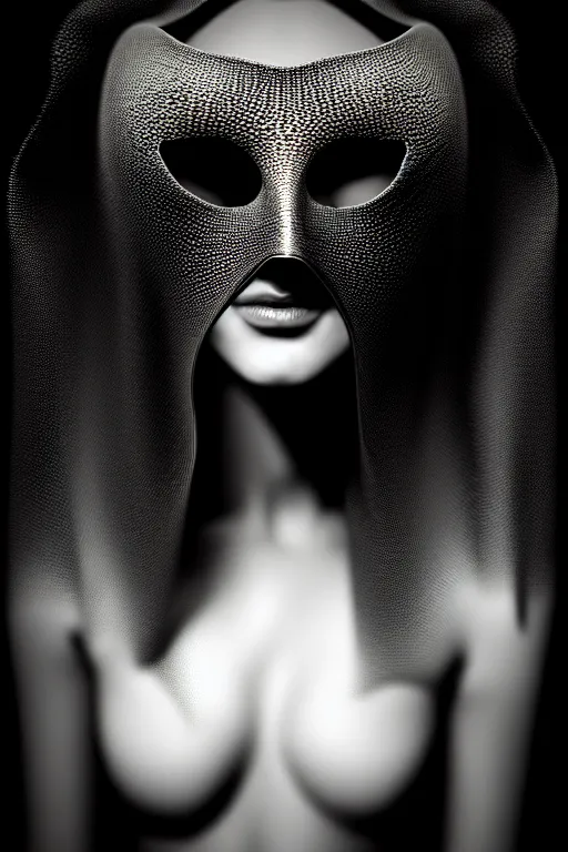 Image similar to portrait of a young beautiful woman with a mask. contemporary photograph, speed painting, fractal, mandelbulb. black and white, black on black. intricate, elegant, super highly detailed, professional digital painting, concept art, smooth, sharp focus, no blur, no dof, extreme illustration, Unreal Engine 5, Photorealism, HD quality, 8k resolution, 3D, beautiful, cinematic, art