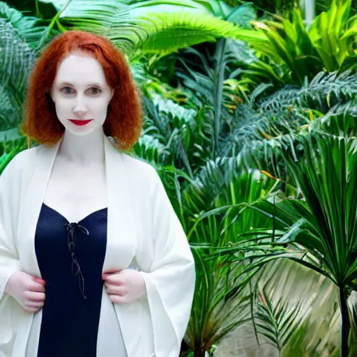 Image similar to close photo portrait of a pale skin woman wearing a white kimono in a tropical greenhouse