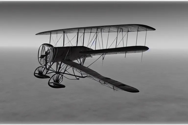 Image similar to still photo of the wright brothers flying airplane for the first time, black and white color photograph, highly detailed, photorealistic shot, bright studio setting, studio lighting, crisp quality and light reflections, unreal engine 5 quality render