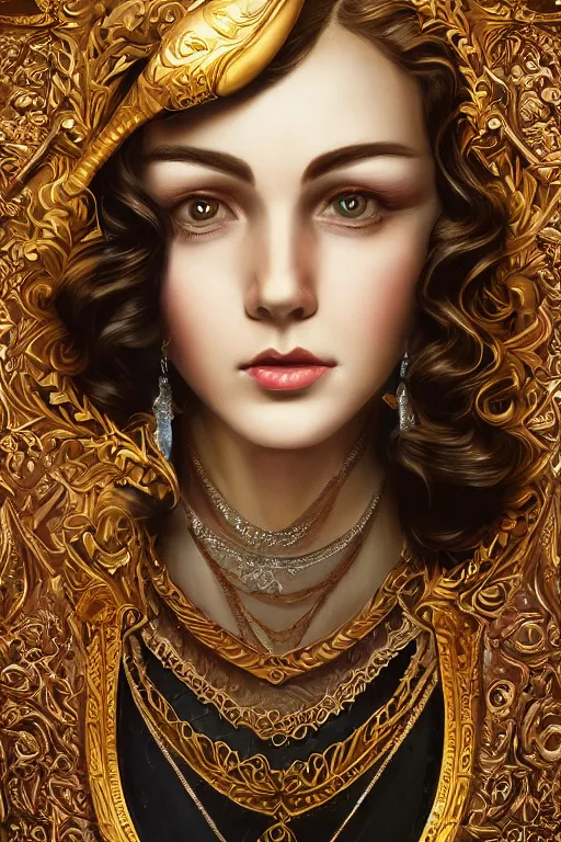 Prompt: An extremely beautiful Art Deco ornate portrait of a young attractive woman with a beautiful bone structure, professionally painted digital art illustration, smooth, sharp focus, atmospheric lighting, highly detailed illustration highlights, golden ratio, extremely detailed winning award masterpiece, 8K post-processing, trending on artstation flawless