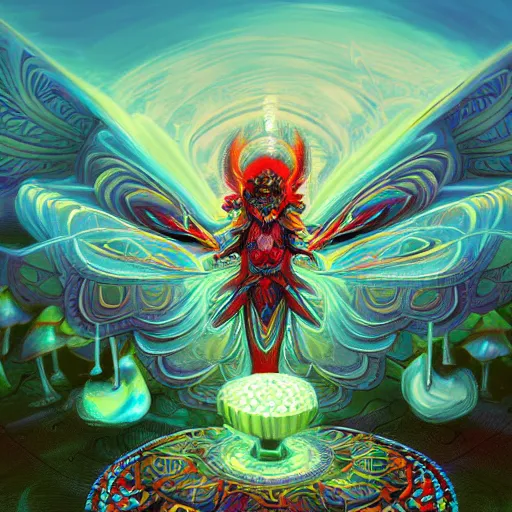 Image similar to 8K centered headshot Portrait of a psychedelic godlike mothman with giant mandala wings smoking a hand-rolled cigarette smoking heavily , magic mushroom village in background , post-processing , award winning. superb resolution. in the art style of Satoshi Kon and Greg Rutkowski . Detailed Mushroom city in background. Hyper realistic anime. Perfect art. Dalle2