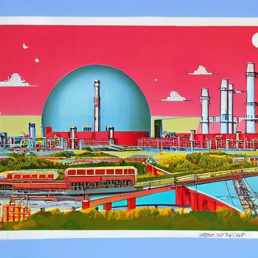 Prompt: utopian nuclear power station in a bustling city with trains and crowds, bright colours, in the style of Edwin La Dell, post-war