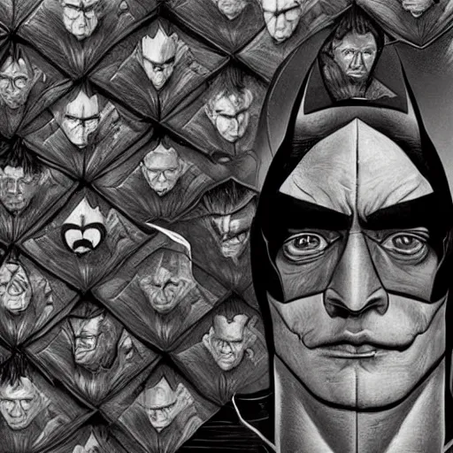 Image similar to portrait of batman, mash - up between mc escher and vincent van gogh