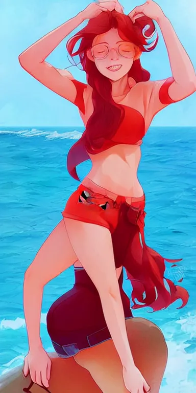 Prompt: lois van baarle, artgerm, helen huang, by makoto shinkai and ilya kuvshino, rossdraws, illustration, art by ilya kuyshuno. cute scarlet red haired cyborg woman, denim shorts, at beach at sunset, beautiful face, smiling, clean cel shaded vector art, exaggerated proportions