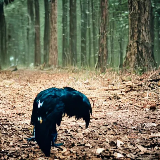 Prompt: werecreature that is a mix between human and crow, photograph captured in a forest