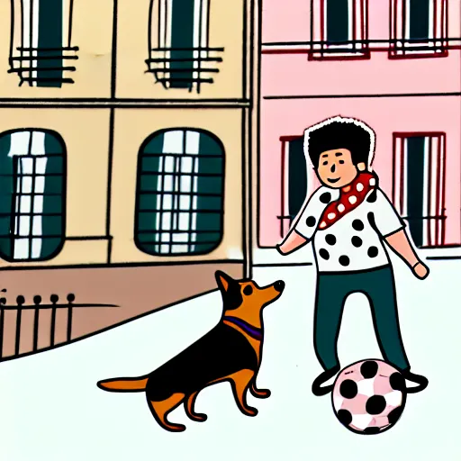 Image similar to illustration of boy playing football with a corgi wearing a polkadot scarf on the streets of paris